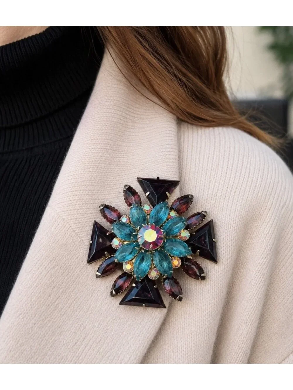 VTG Maltese Cross Rhinestone Brooch Blue Purple AB Rinestone Statement 2.25”